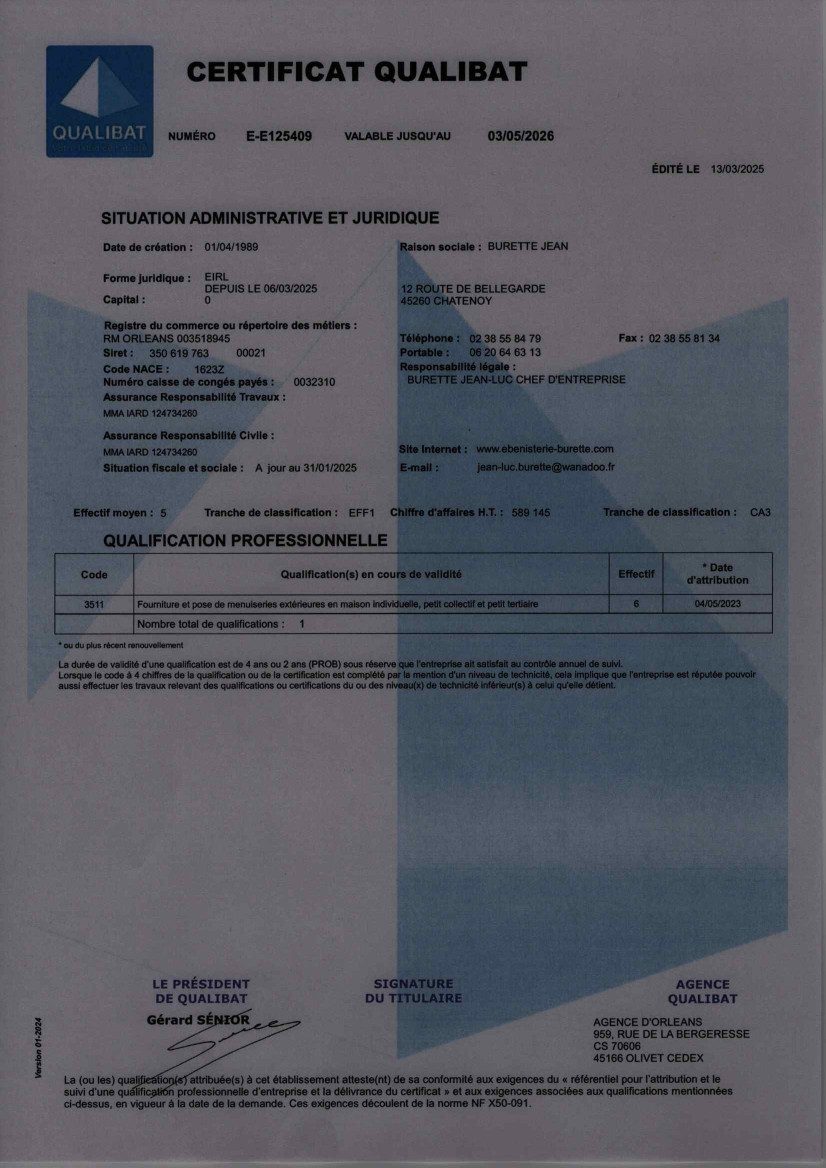 Ebénisterie Menuiserie Burette - Qualibat - RGE