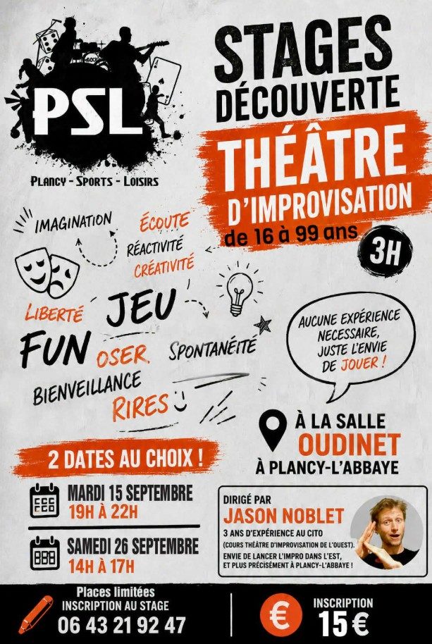 'Théâtre d'improvisation' Stage découverte à la salle Oudinet de Plancy-l'Abbaye
